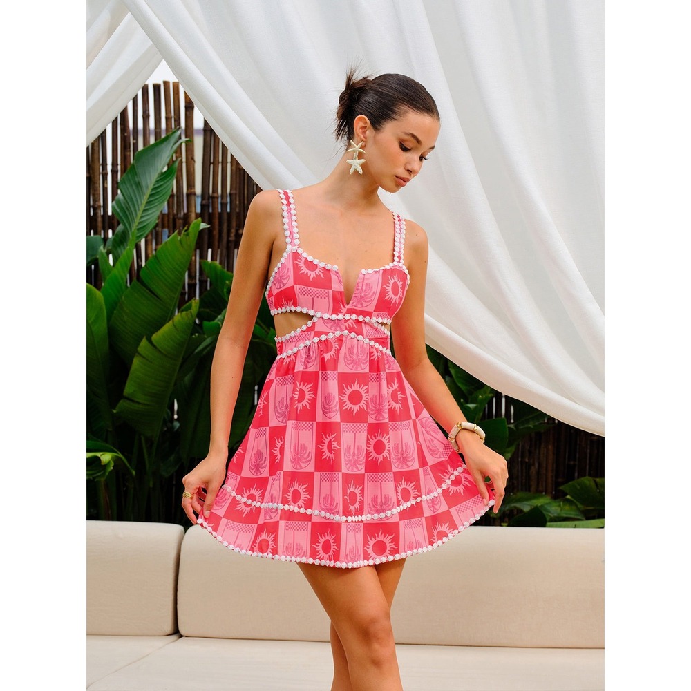 Commense Pink Red Sun Palm Tree Print Cut Out Mini Dress S Coastal Chic Resort